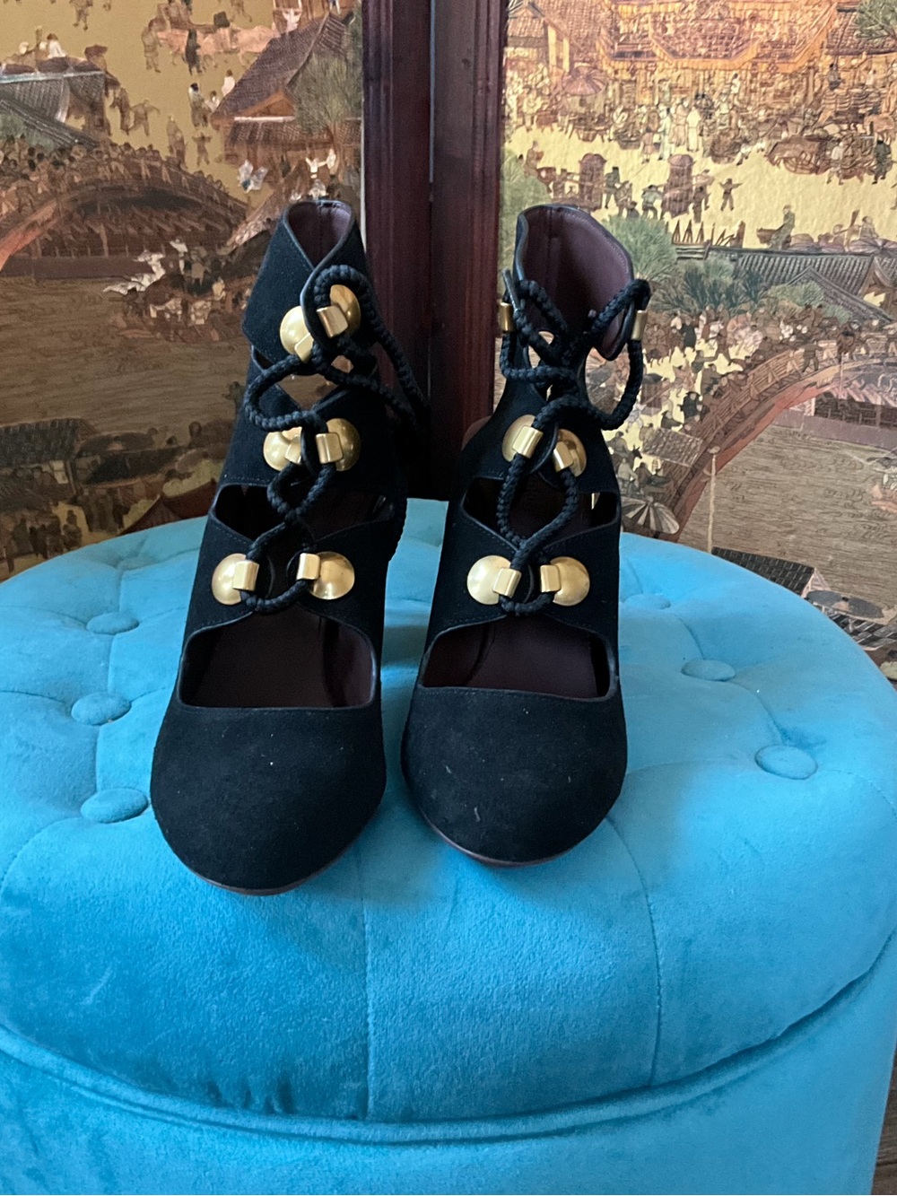 Chloè Black Suede Lace-Up Block Heel Pumps